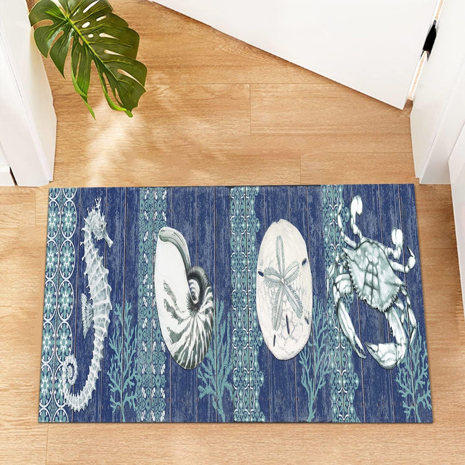 GUBIYU Alfombra rústica costera, alfombra de área de playa con océano, color azul marino, tapete para baño, tapete antideslizante para sala de