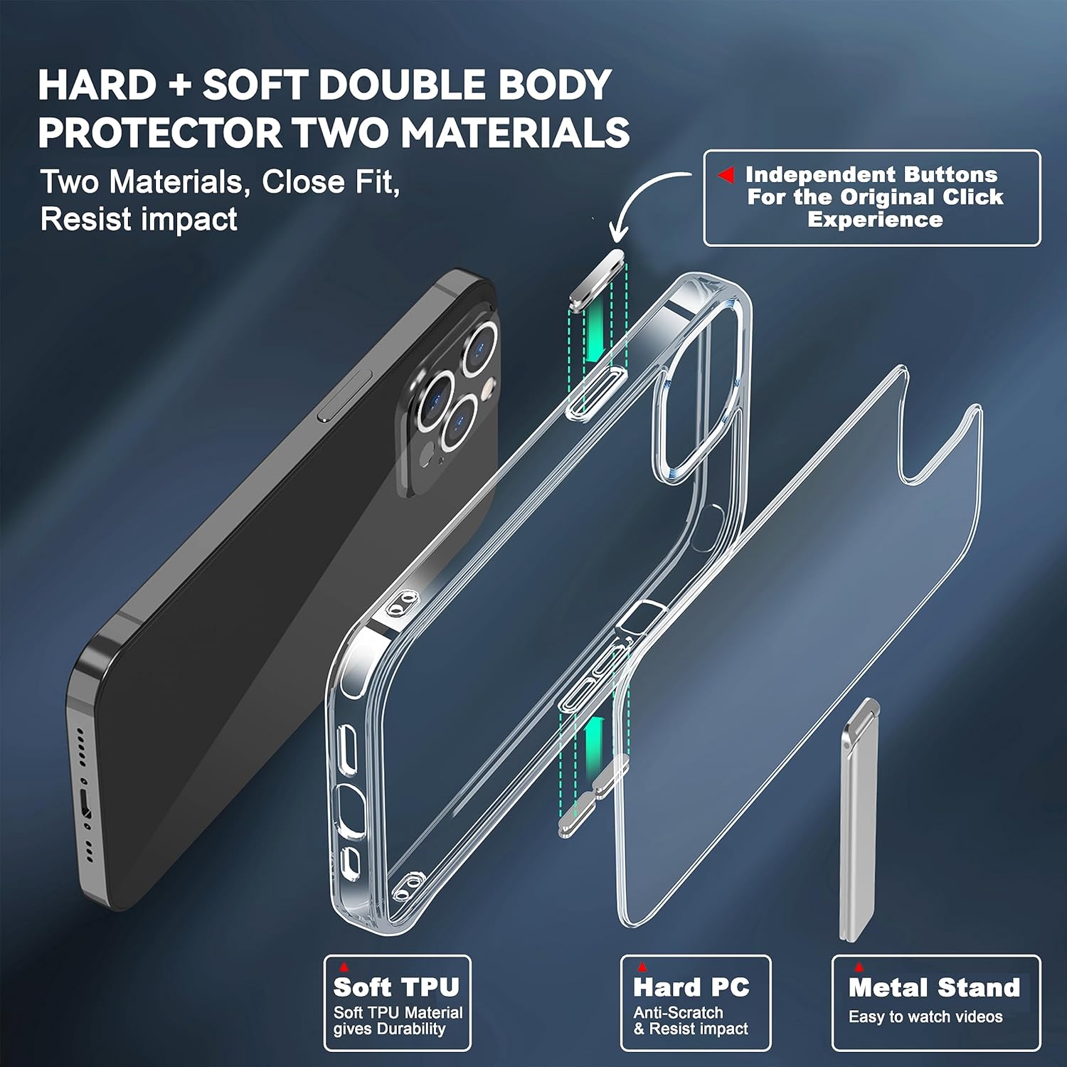 CEDO Funda con función atril para iPhone 15 Pro Max, funda de teléfono con soporte de metal integrado en modo de 3 vías, parachoques a prueba de