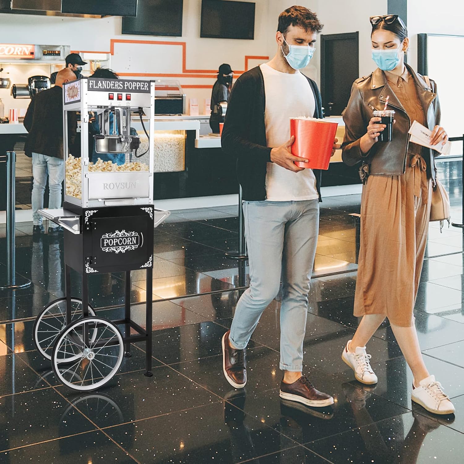 ROVSUN Popcorn Machine with Cart, Wheels & 8 Oz Kettle Makes Up to 32 Cups, Popcorn Maker with Stainless Steel Scoop, Oil Spoon & 3 Popcorn Cups for