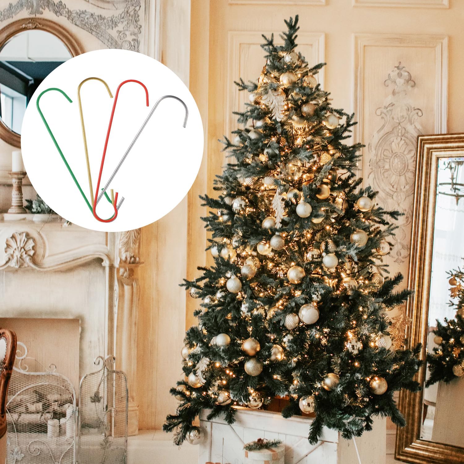 200 ganchos para adornos de Navidad, 2.4 x 0.5 pulgadas, ganchos para adornos de árbol de Navidad en forma de C con caja de almacenamiento, ganchos
