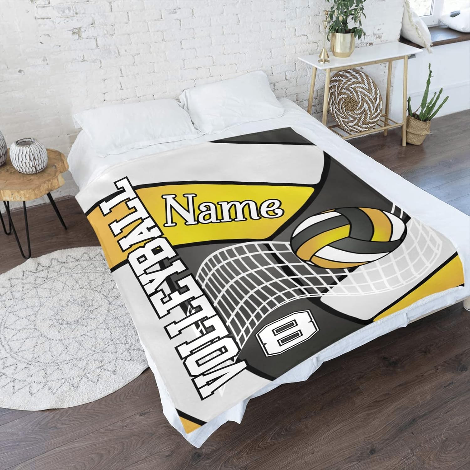 Manta personalizada de voleibol en negro dorado, amarillo y blanco con nombre, manta de forro polar suave para hombres y mujeres, regalo de