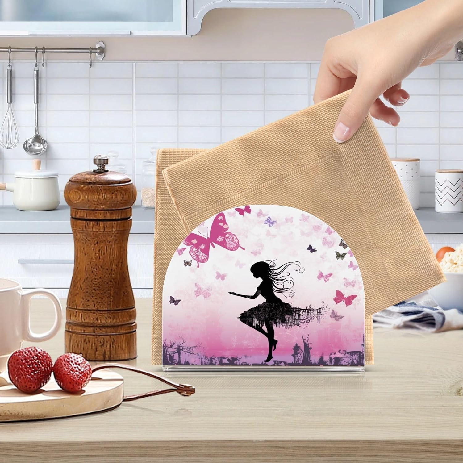 Napkin Holder Butterfly Girl Napkin Holders for Tables, Clear Acrylic Napkin Holders Cocktail Napkin Holder for Kitchen Restaurant Bar Home Decor