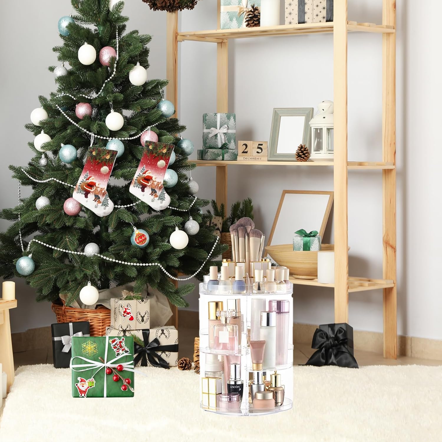 SUNFICON Organizador de maquillaje giratorio con rotación de 360 grados, 50 calcomanías brillantes de Navidad, 500 calcomanías de Navidad doradas