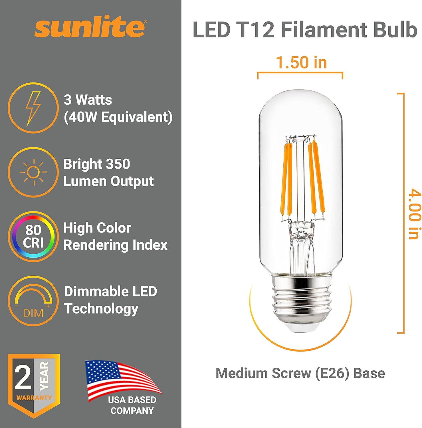 Sunlite 80892 – Bombilla tubular de filamento LED T12, 3 vatios (equivalente a 40 W), 350 lúmenes, certificación ETL, 3.53 pulgadas, base E26 media,
