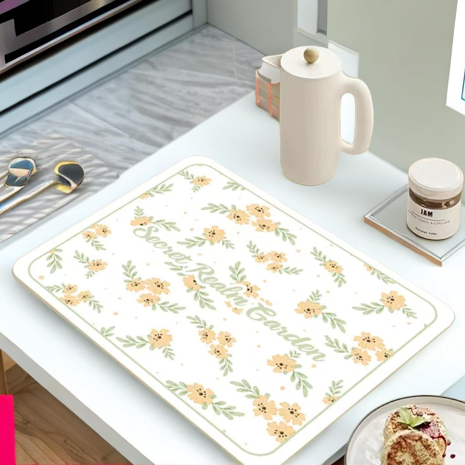 Tapete de secado de platos para encimera de cocina, absorción rápida, material suave y patrones vívidos y lindos, tapete ideal para barra de café,