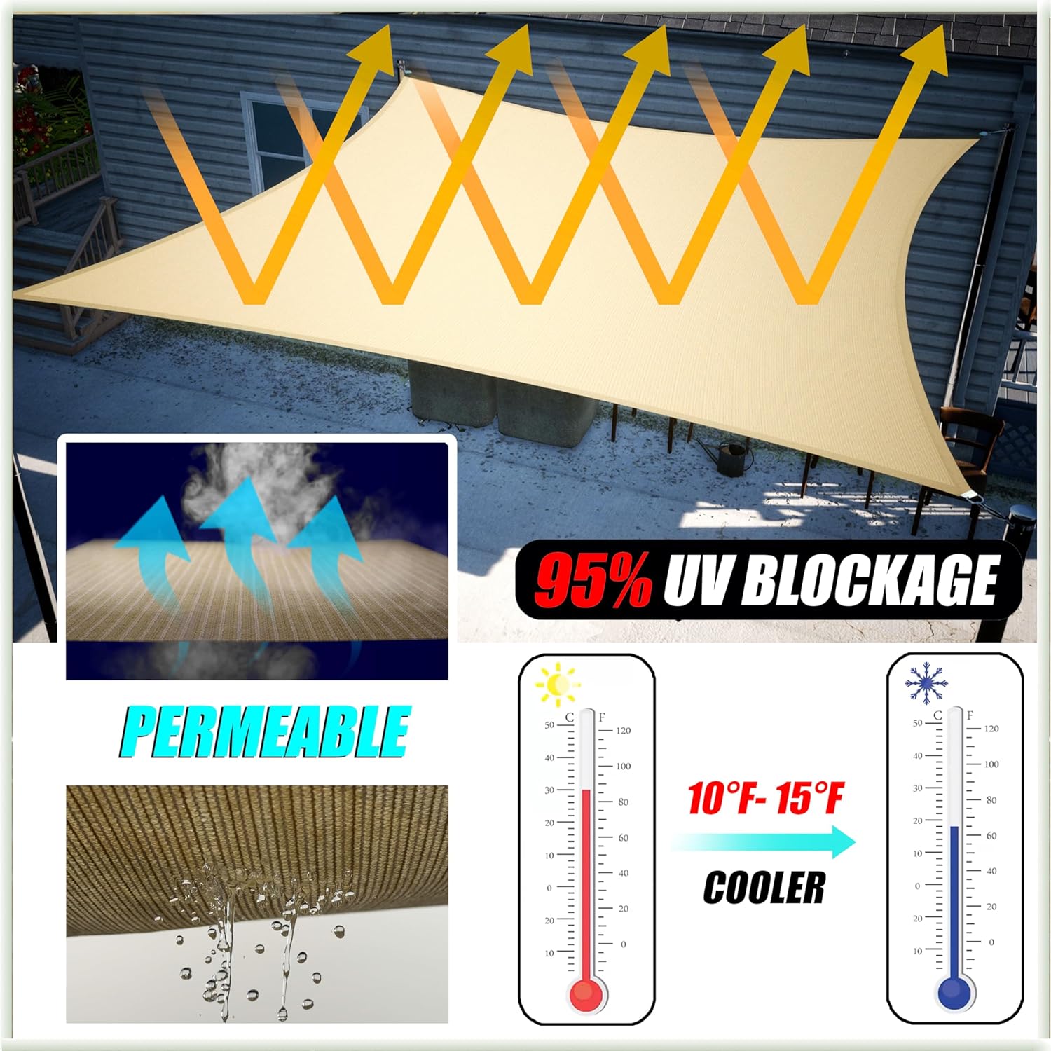 Amgo Toldo triangular beige de 16 x 16 x 16 pies para exteriores, UPF50+ AGTAPT16, 95% de bloqueo UV, permeable al agua y al aire, estándar