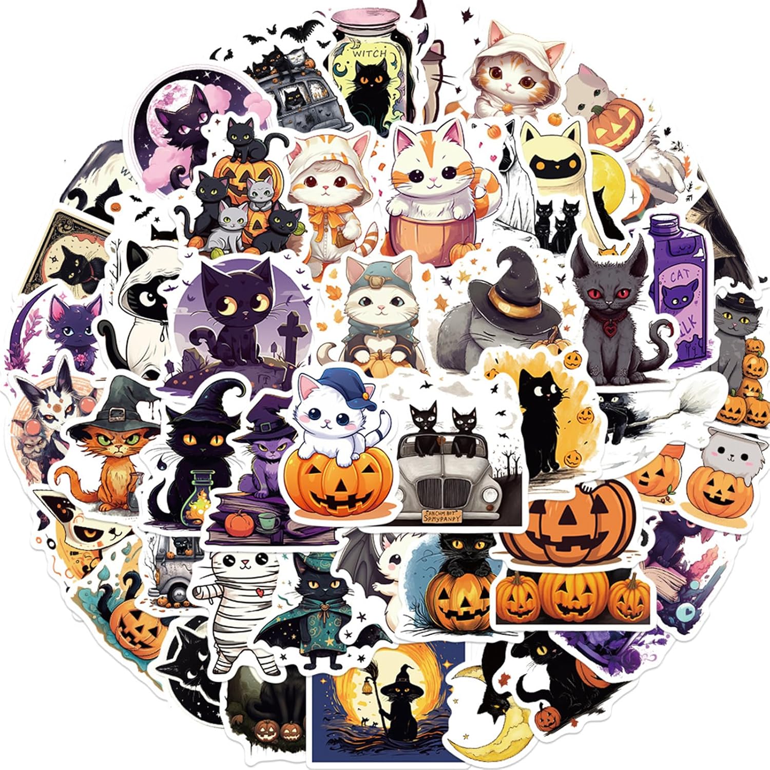 Calcomanías de gatos negros, 50 unidades Kawaii divertidas calcomanías de juguete de gatos de Halloween para libros, grafiti, calcomanías de vinilo