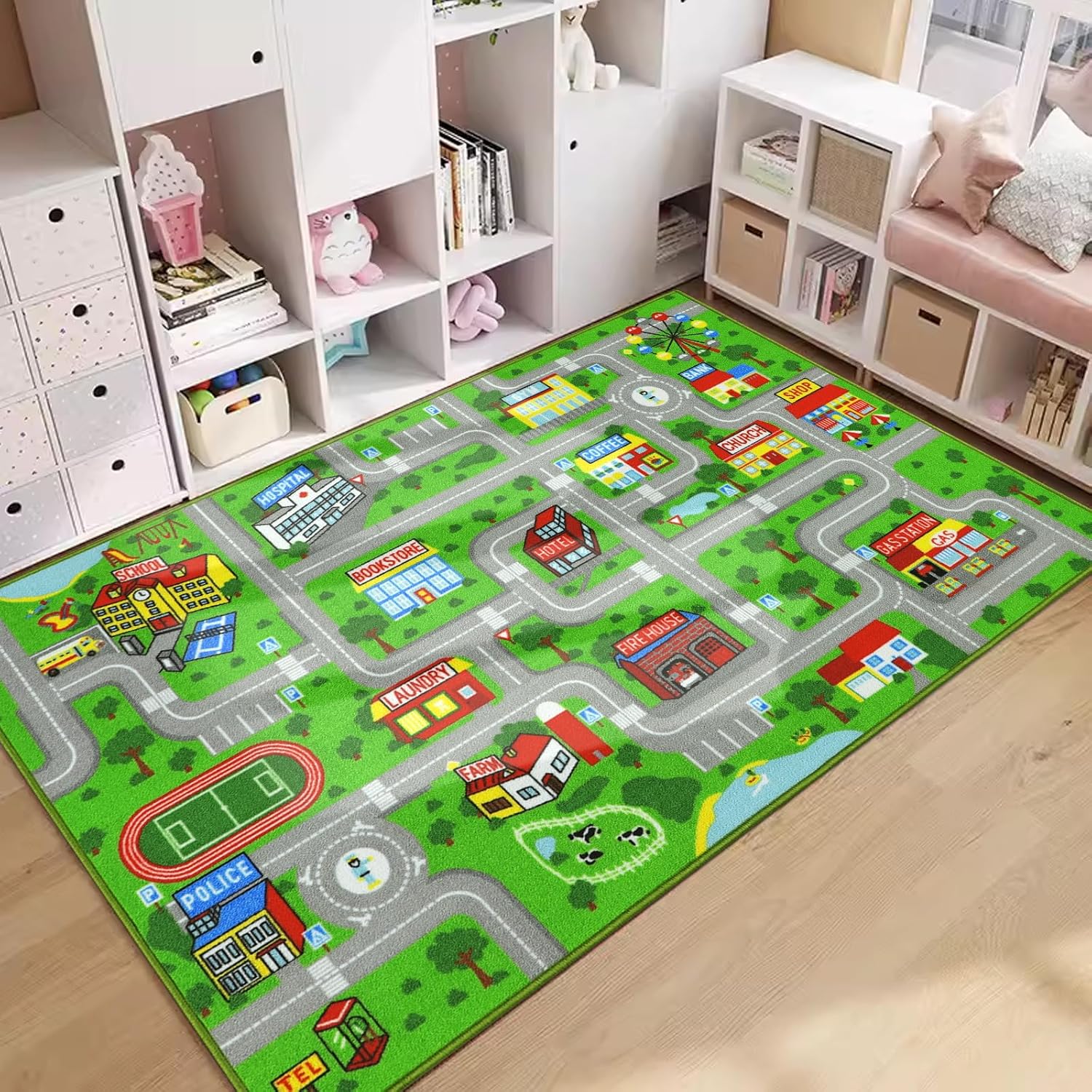 Capslpad Alfombra de juego para niños, antideslizante, 5.2 x 3.3 pies, lavable, con vida en la ciudad, tráfico, carretera, para niños, educativo,