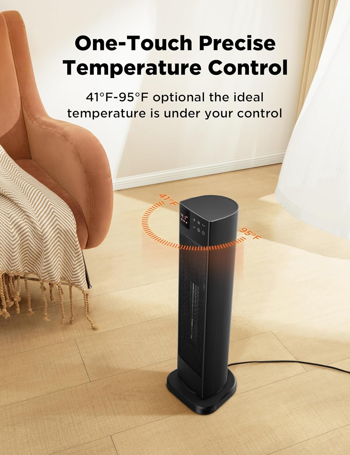 PELONIS Calentador de espacio interior de torre de cerámica oscilante para el hogar con oscilación, termostato programable y modo ECO, temporizador
