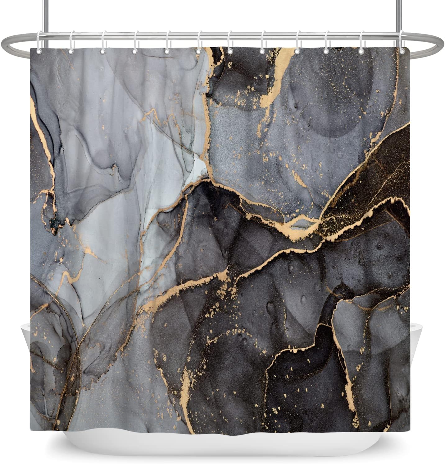 ChloropLastid Cortina de ducha de mármol negro de 72 x 72 pulgadas, cortinas de ducha de mármol de granito con textura abstracta de mármol negro y