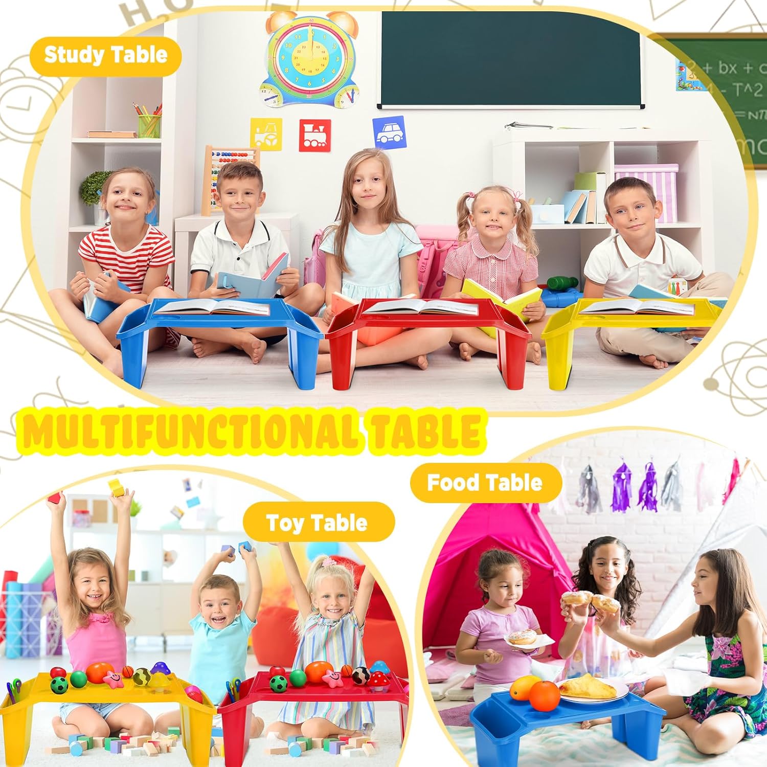 Geetery 6 bandejas de escritorio de regazo para niños con almacenamiento de plástico para computadora portátil con bolsillos laterales y ranura,