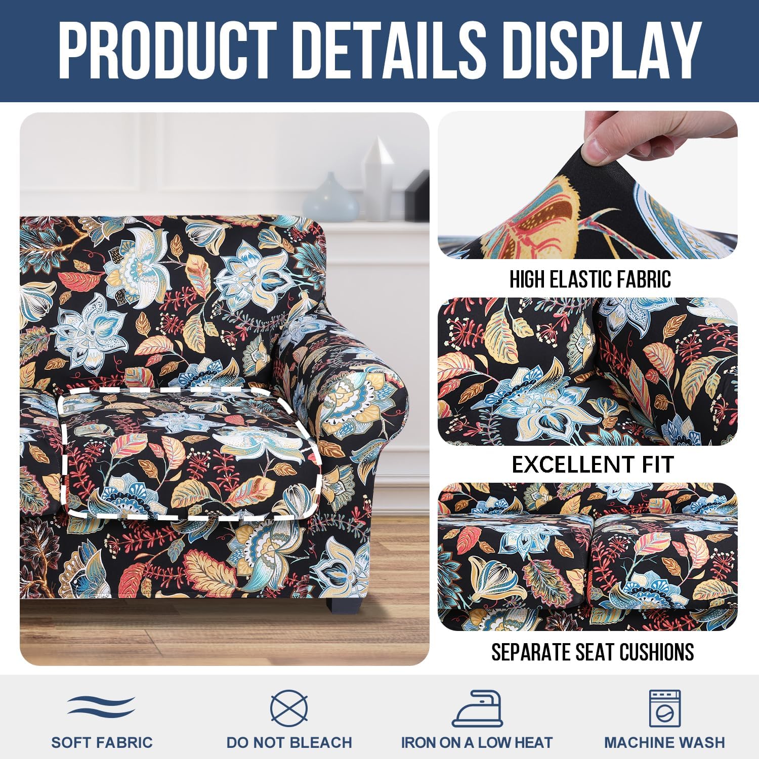 hyha Funda para sofá, diseño floral, elástica, estampada, 4 piezas, fundas para sofá de 3 cojines separados, protector de muebles lavable para