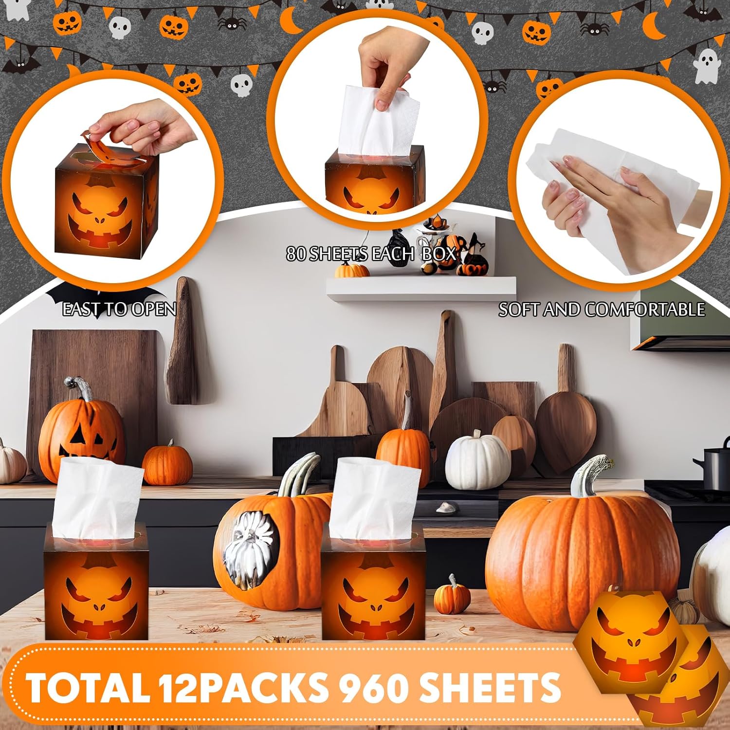 Yeaqee Paquete de 12 pañuelos faciales de Halloween con 80 hojas de pañuelos de viaje de 2 capas por caja, cajas de pañuelos faciales cuadrados de