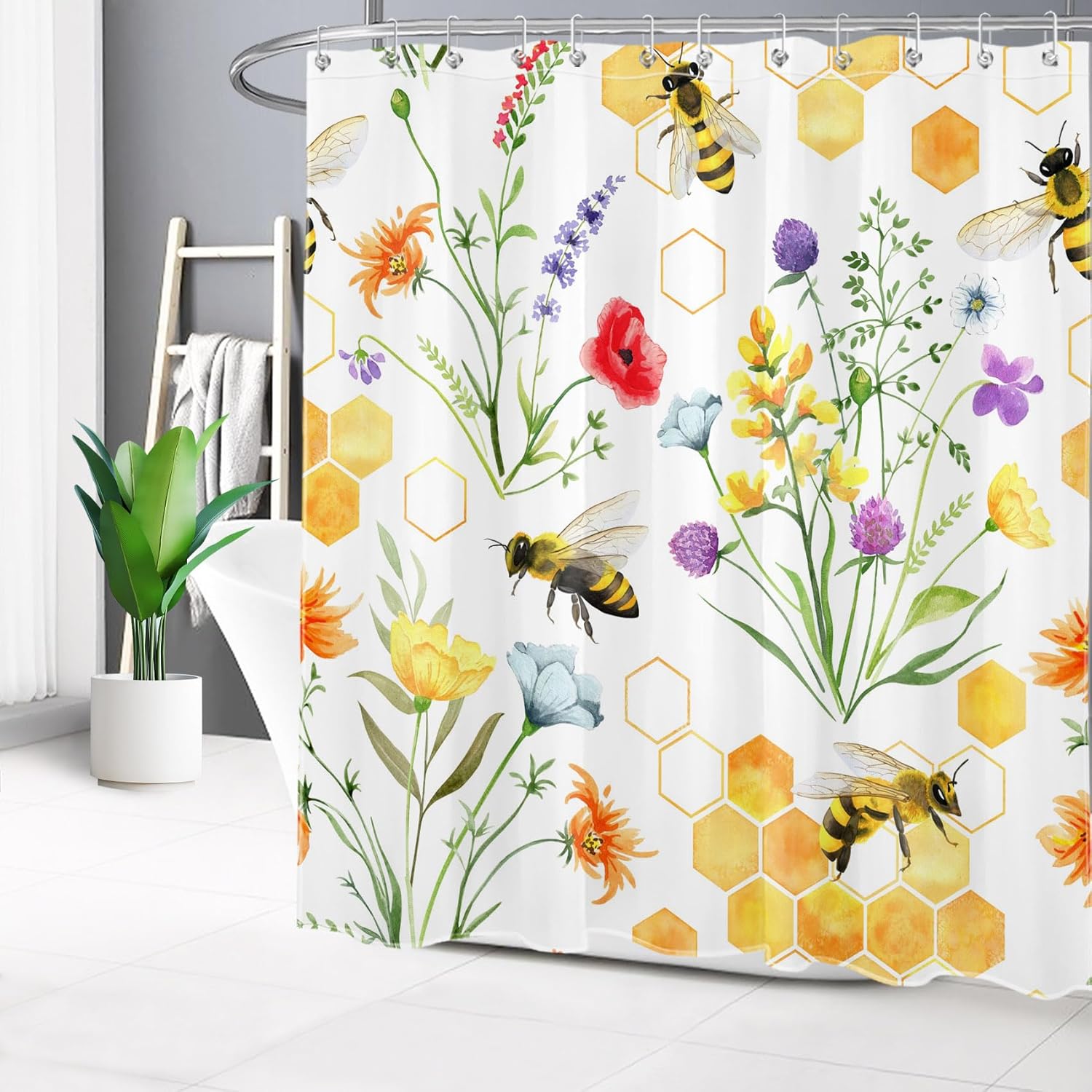 LB Aesthetic Wildflower Shower Curtain Cute Bee Orange Honeycomb Shower Curtain Set with Hooks Floral Green Plant Waterproof Washable Fabric Shower