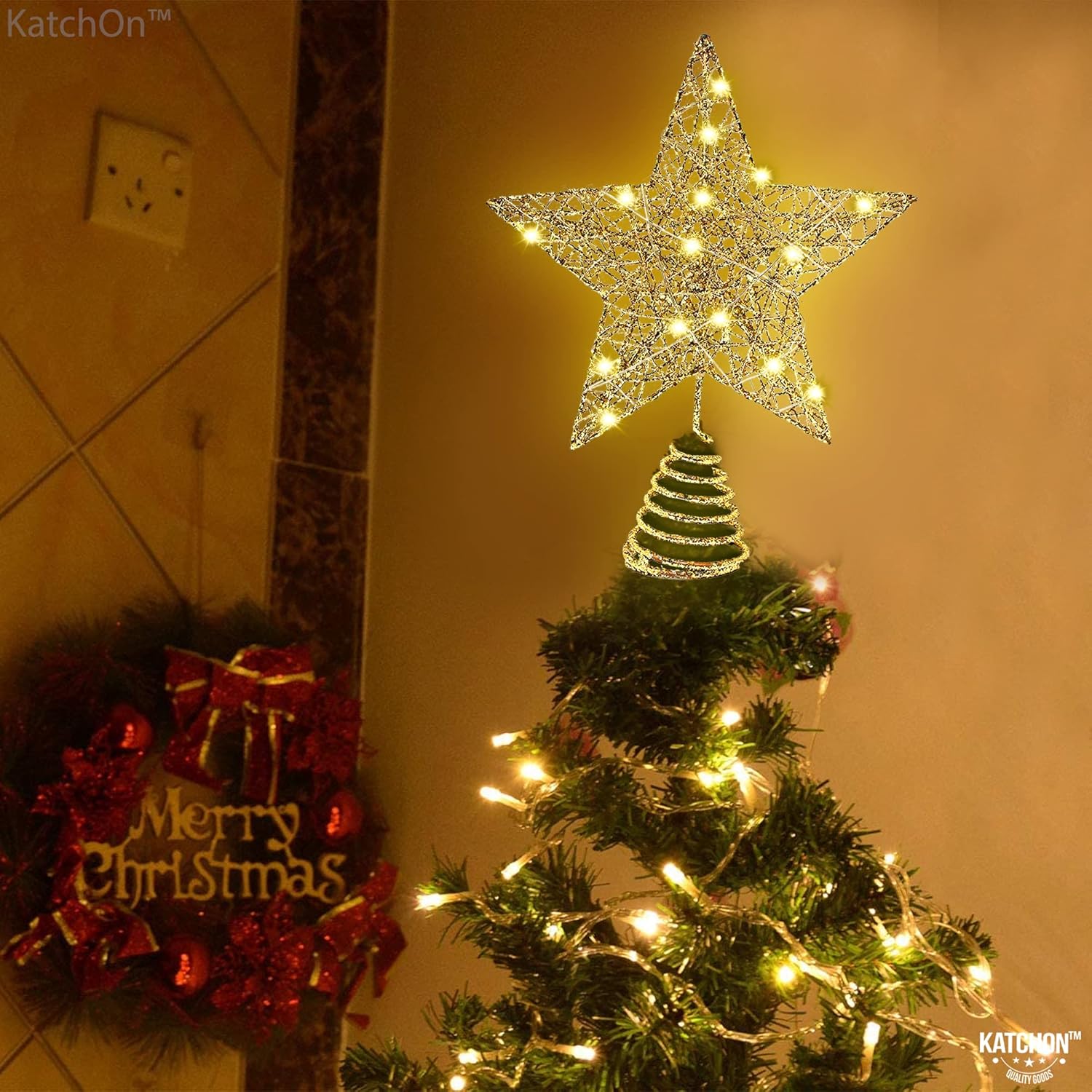 KatchOn, Estrella dorada iluminada para árbol de Navidad, 20 LED, 10 pulgadas, estrella para decoración de árbol de Navidad, decoración de estrella