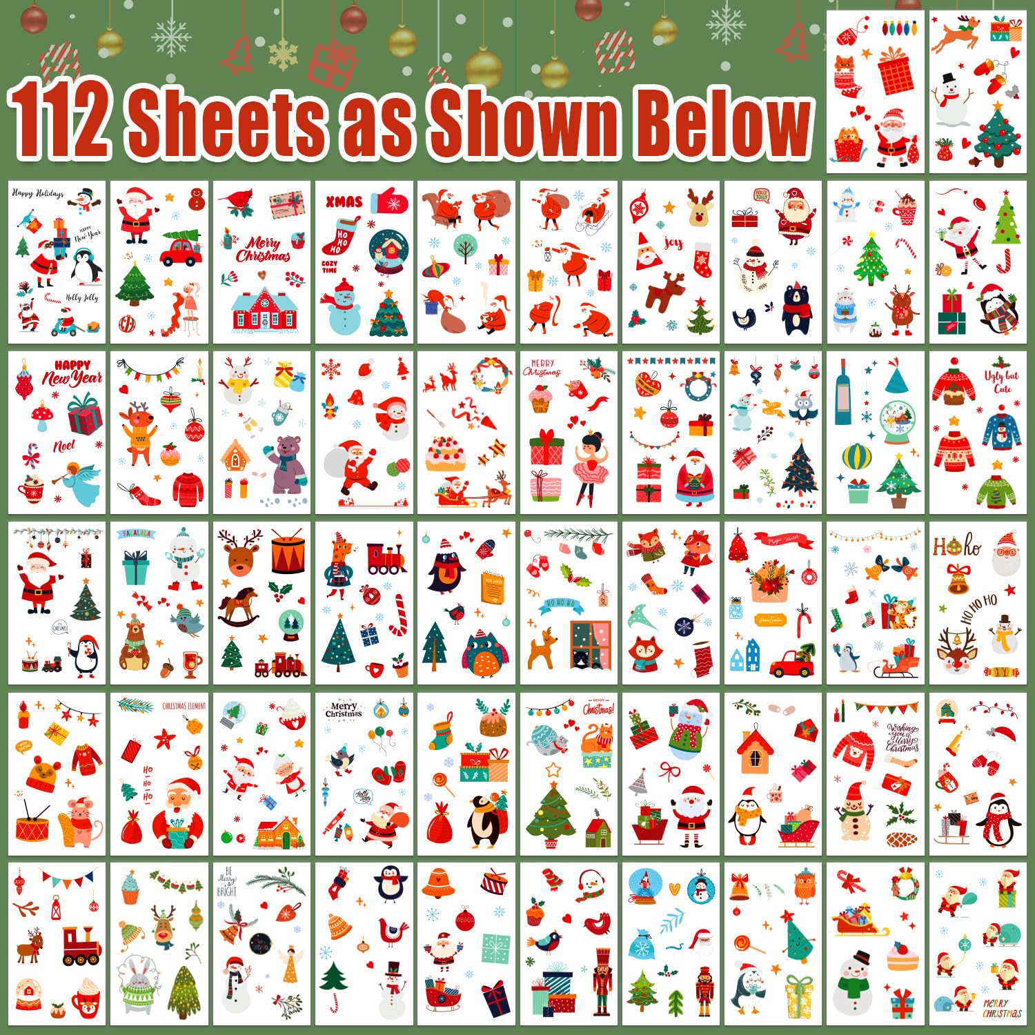 Partywind 112 hojas (1200 estilos) tatuajes temporales para niños para regalos de Navidad, suministros de fiesta de Navidad, regalos de vacaciones,