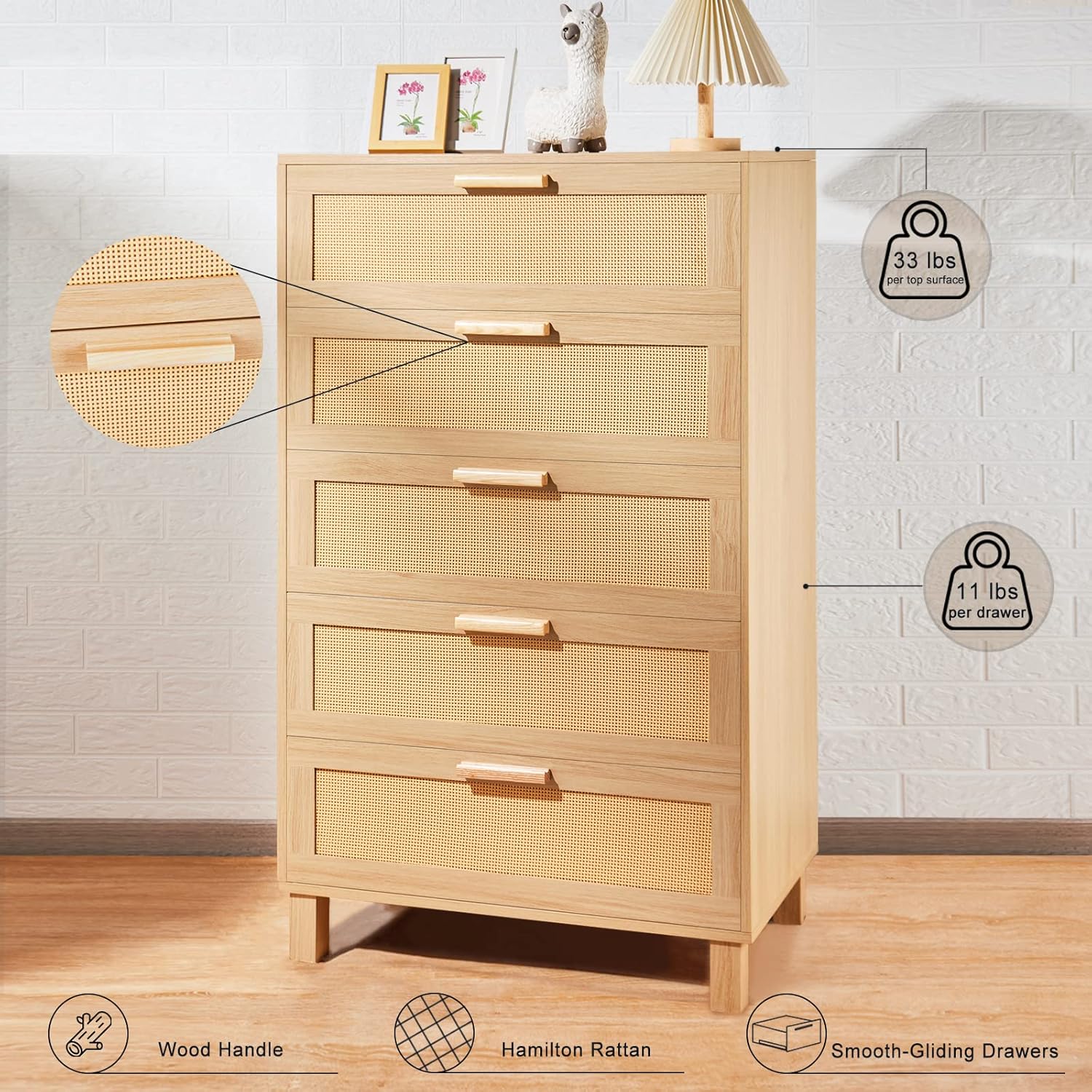 Cómoda de 5 cajones, cómoda, mesa de almacenamiento alta de ratán Hamilton, cómoda de roble para dormitorio, sala de estar