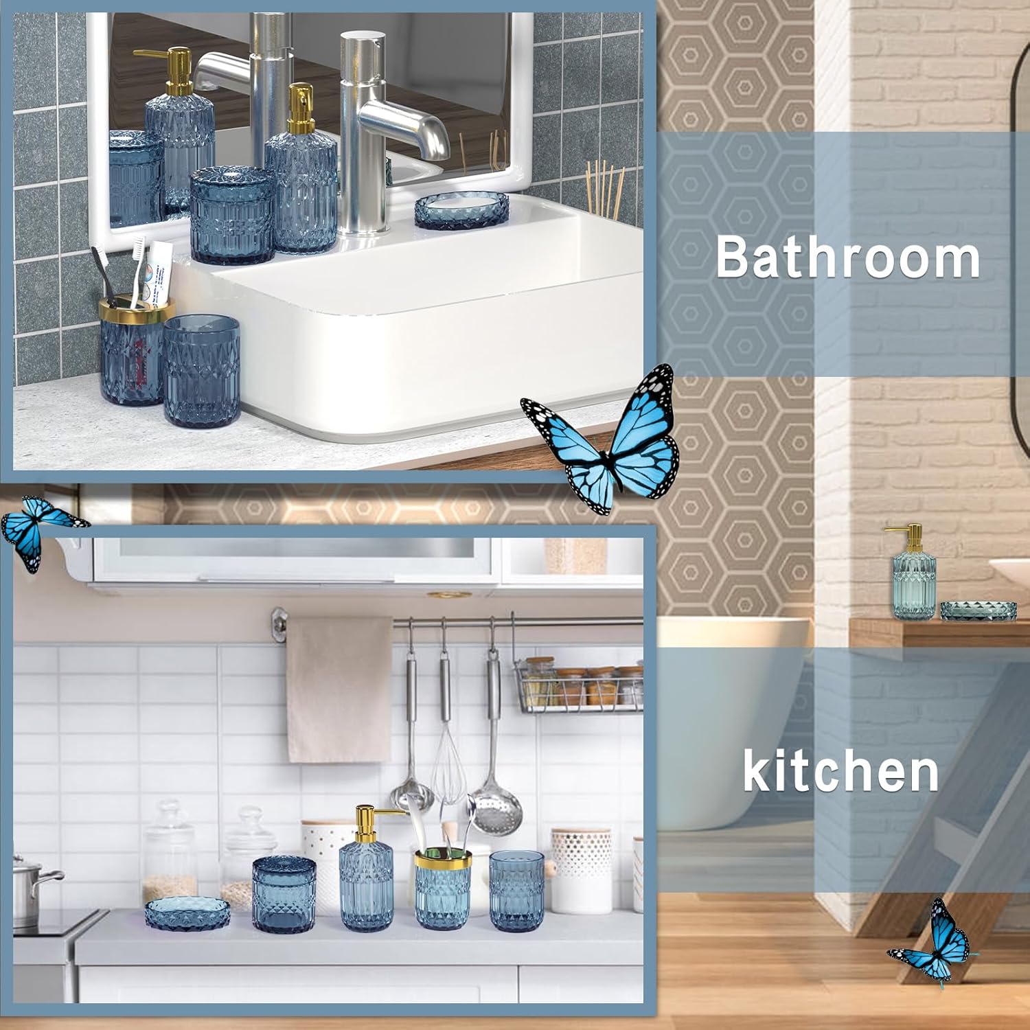 Juego de 5 accesorios de baño azules, modernos accesorios de baño de vidrio con dispensador de jabón de loción, jabonera, soporte para cepillos de