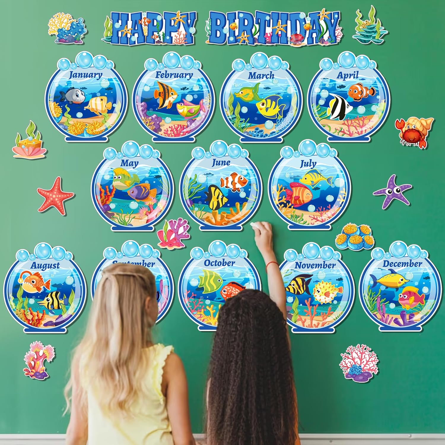 Juego de 48 tablones de anuncios de cumpleaños bajo el mar, decoración de aula temática oceánica, feliz cumpleaños, decoración de peces de animales