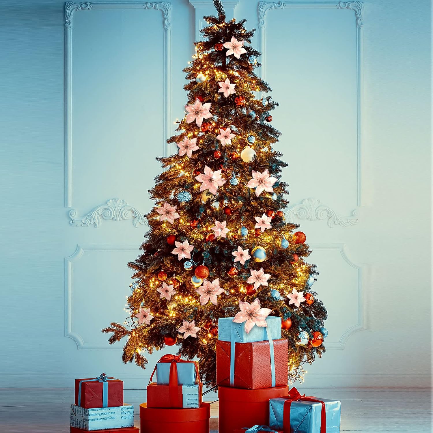 24 piezas de flores de pascua con brillantina para Navidad de 3 tamaños, flores de imitación para bodas, adornos navideños para el árbol de Navidad,