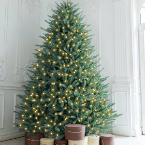 AMERZEST Árbol de Navidad artificial preiluminado de 6.5 pies de abeto azul de alta calidad con 700 luces transparentes, árbol de Navidad de abeto AMERZEST Árbol de Navidad artificial preiluminado de 6.5 pies de abeto azul de alta calidad con 700 luces transparentes, árbol de Navidad de abeto