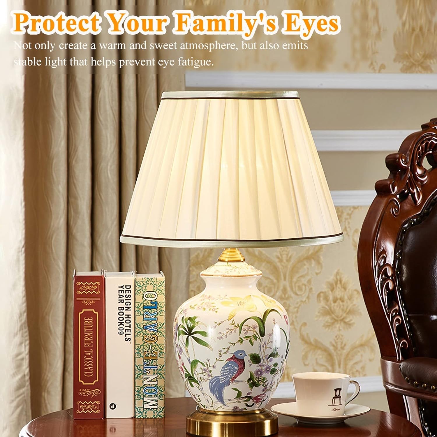 Chinoiserie – Lámpara de mesa de cerámica, lámpara de noche LED con flores americanas y pájaros, pantalla clásica de tela blanca para escritorio,