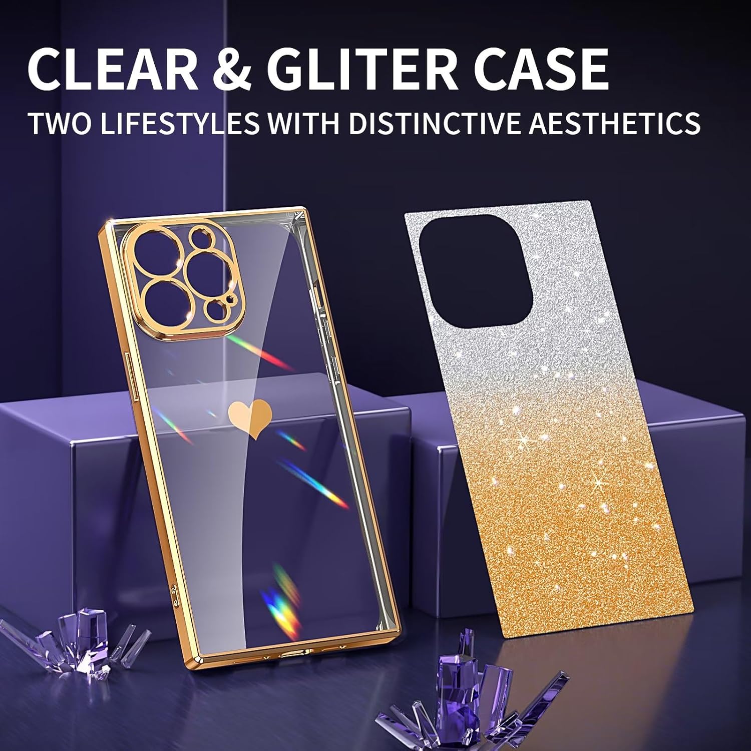 Tzomsze Funda compatible con iPhone 15 Pro con purpurina degradado, transparente y brillante con bonito patrón de corazón, protección completa de