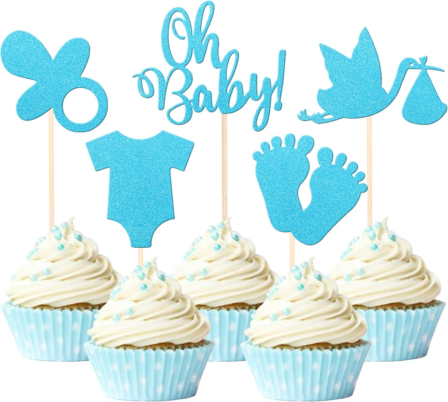 Paquete de 30 decoraciones para cupcakes con purpurina para baby shower, para niños, para chupete, pies, revelación de género, para pasteles,
