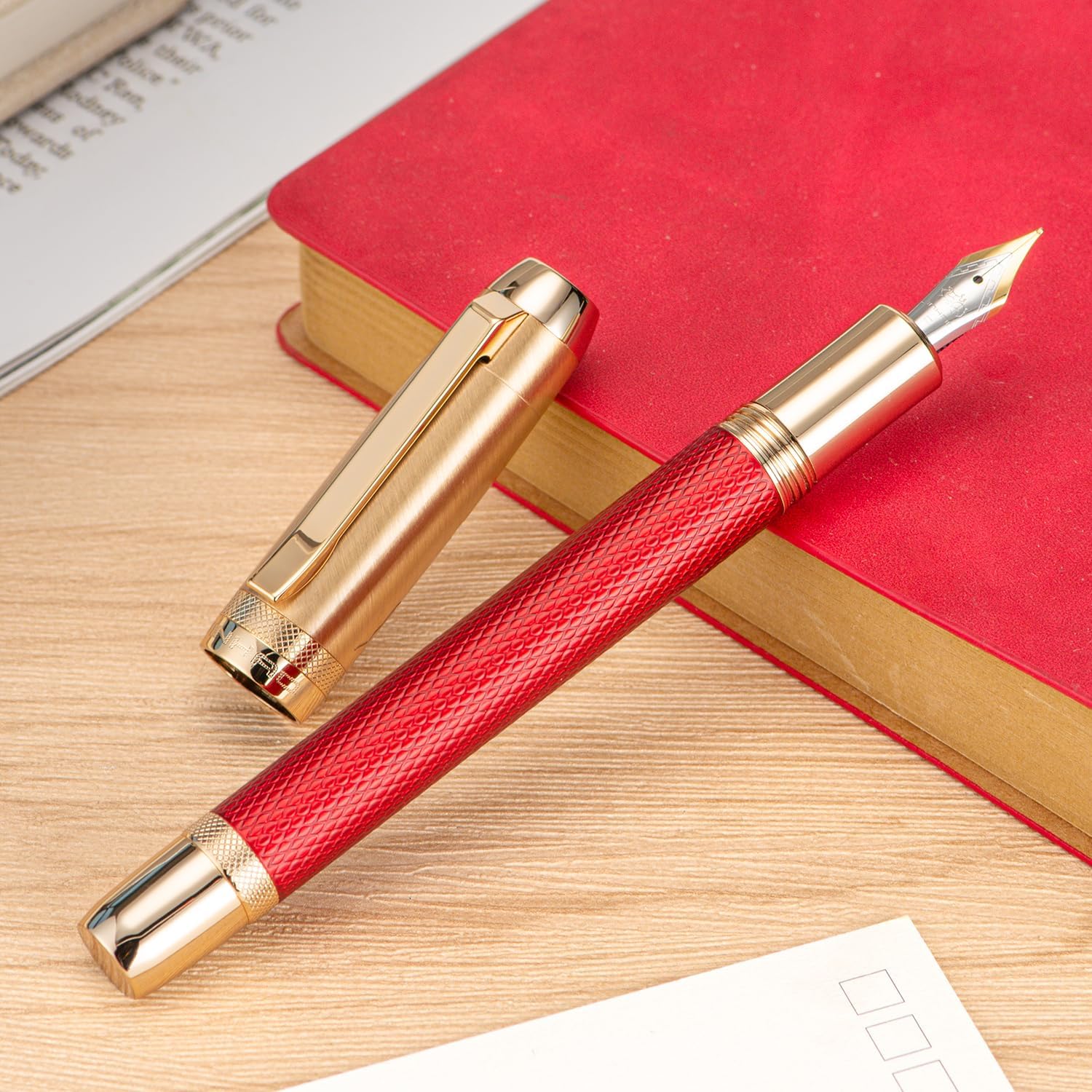 Jinhao 92 Pluma estilográfica roja de punta media, metal sólido con convertidor de escritura lisa pluma de caligrafía