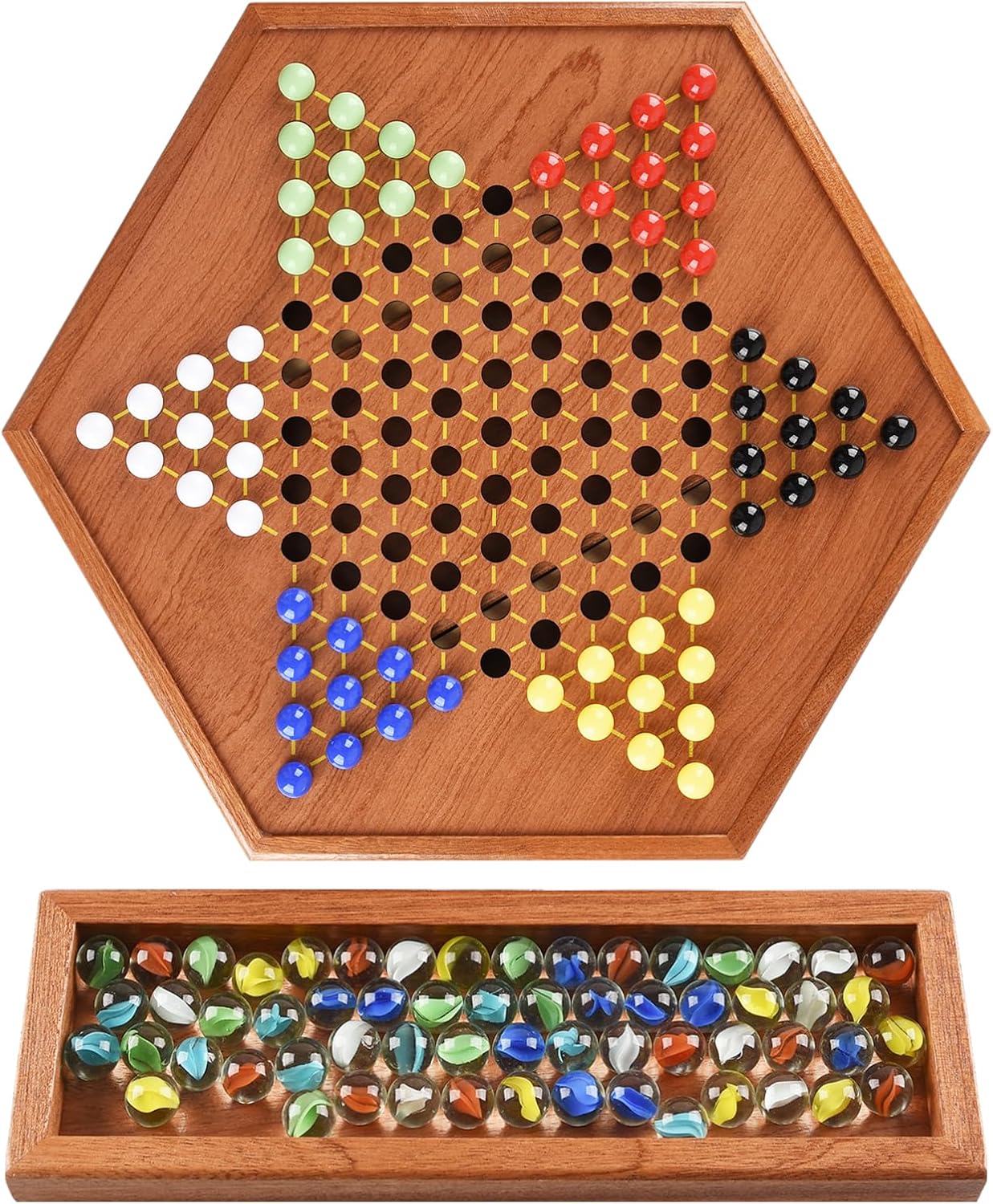 Juego de mesa extragrande de madera de 16.5 pulgadas con cajones, 120 canicas coloridas para hasta 6 jugadores, juego de estrategia clásico para