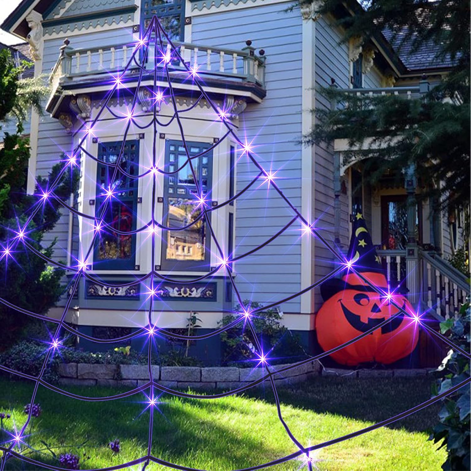 Vanthylit Decoraciones de Halloween para exteriores, luces gigantes de telaraña de 16 x 15 pies con 135 luces LED moradas iluminadas para fiestas,