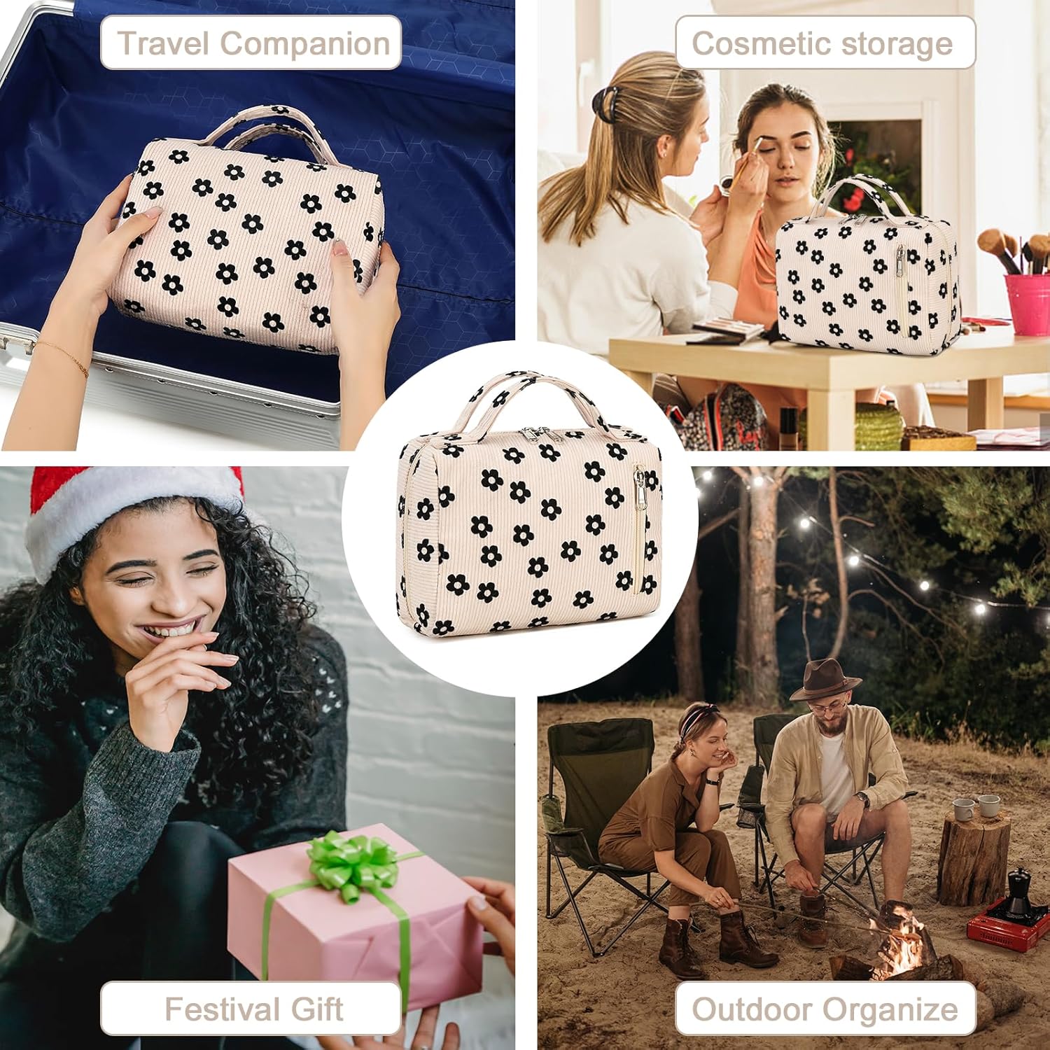 Bluboon Bolsa de maquillaje con cremallera, bolsa de viaje portátil para cosméticos para mujeres y niñas, Florete de pana, Flowerrs