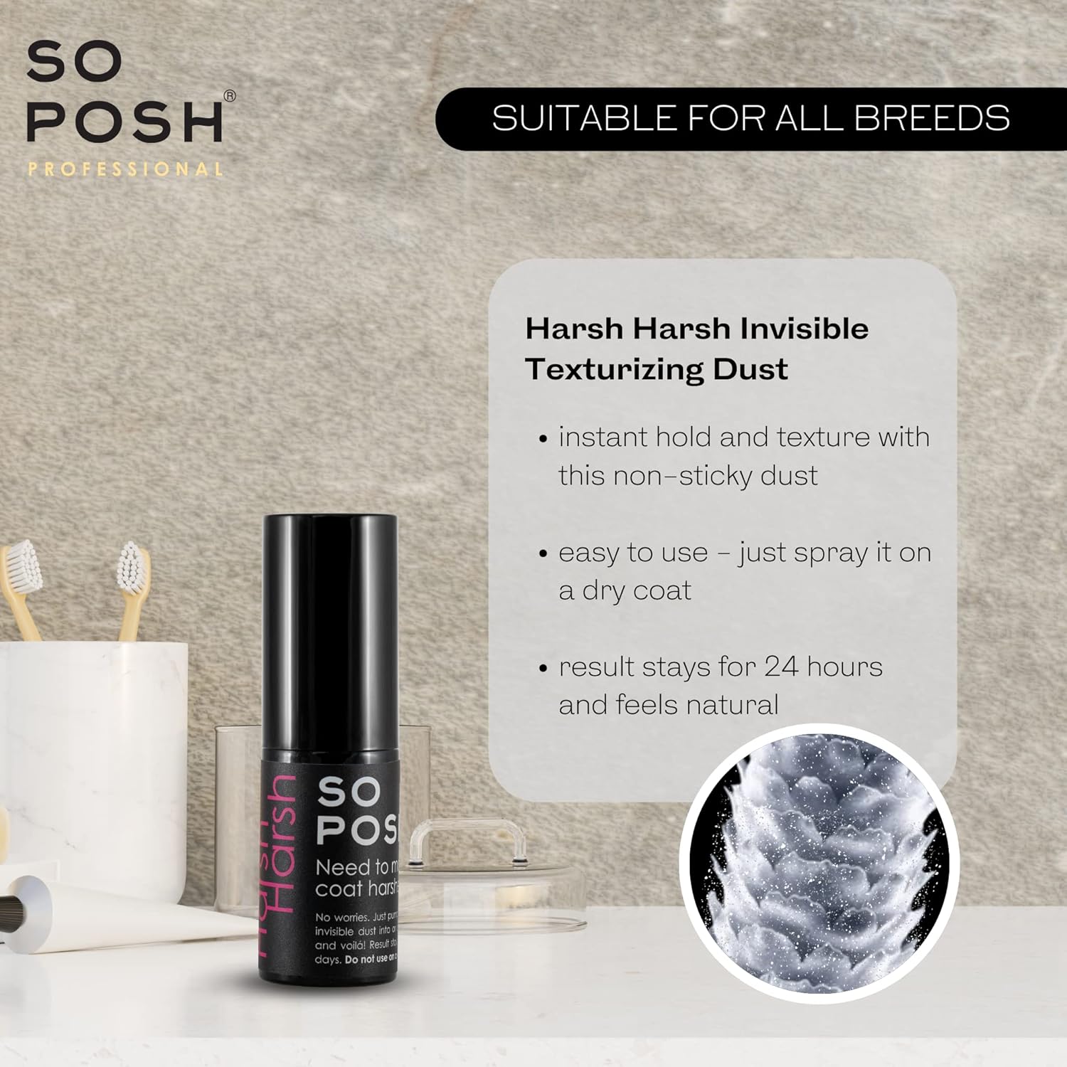 So Posh – Polvo duro y áspero estilo para perros añade textura instantánea, completamente invisible, añade sujeción a patas, bigotes y nudos