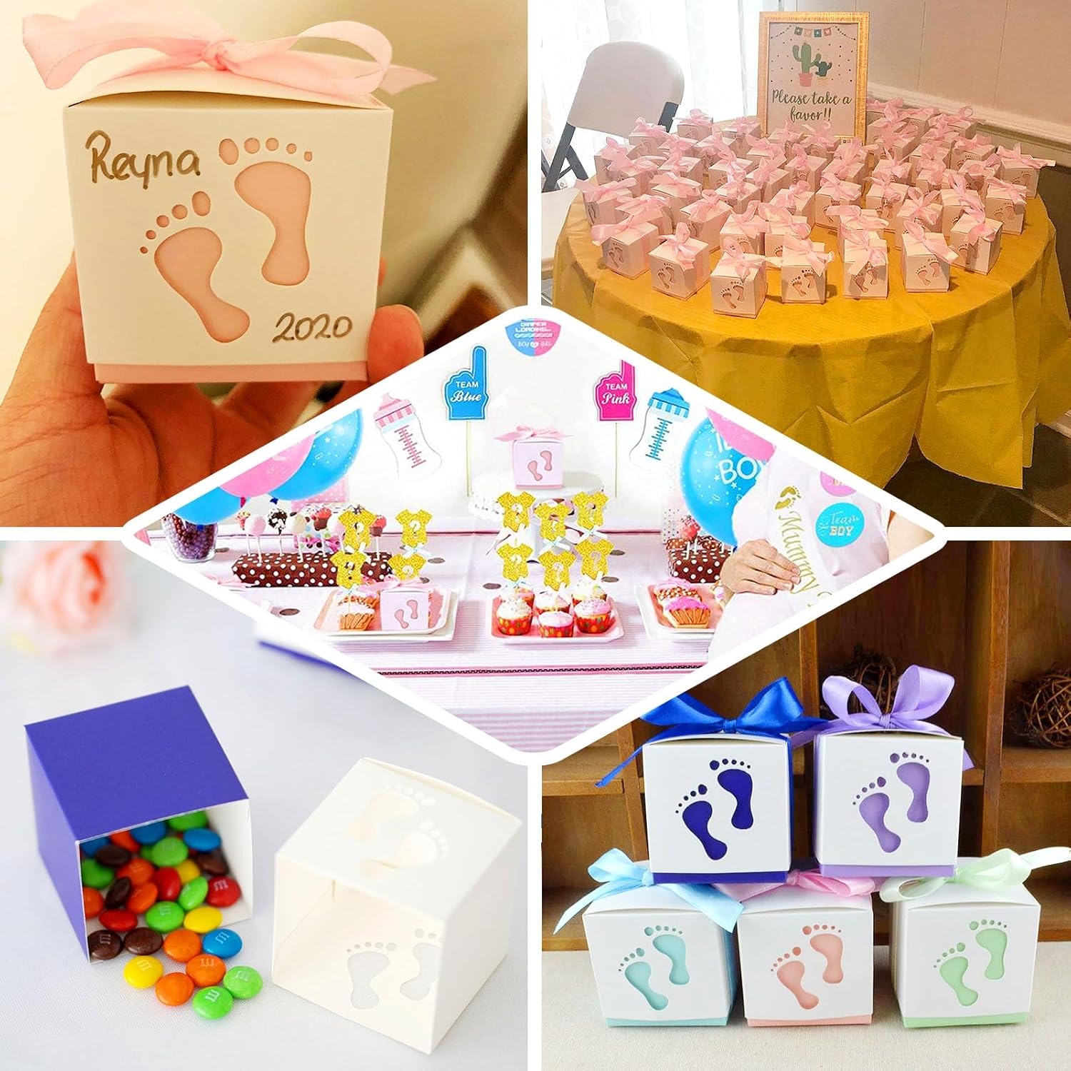 Efavormart – Paquete de 25 cajas de dulces con cintas de huellas de bebé recién nacido de 2.5 x 2.5 pulgadas, cajas de regalo rosas para baby shower