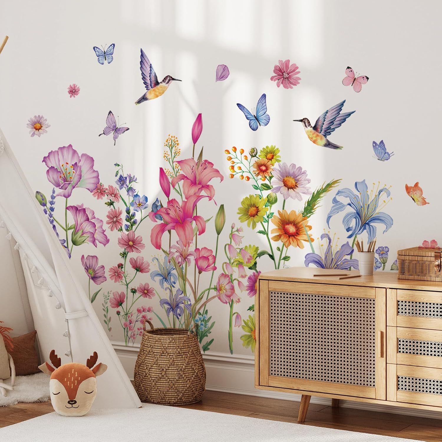 Calcomanías de pared de flores coloridas, calcomanías de pared florales extraíbles, vinilo autoadhesivo, mural de pared de tinta, estilo de pintura,