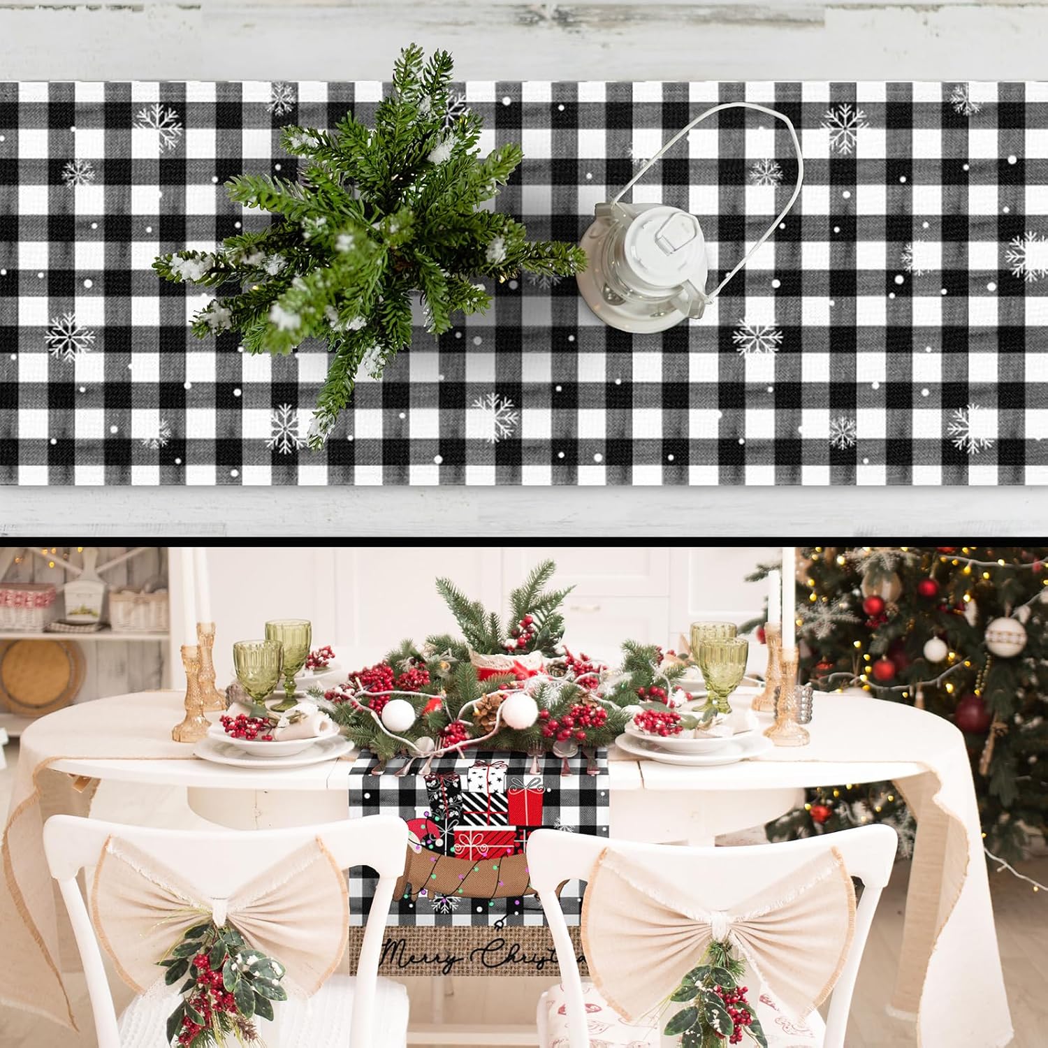 Camino de mesa de Navidad de 90 pulgadas de largo, búfalo negro, a cuadros, regalo de Navidad, decoración de mesa para el hogar, cocina, comedor,