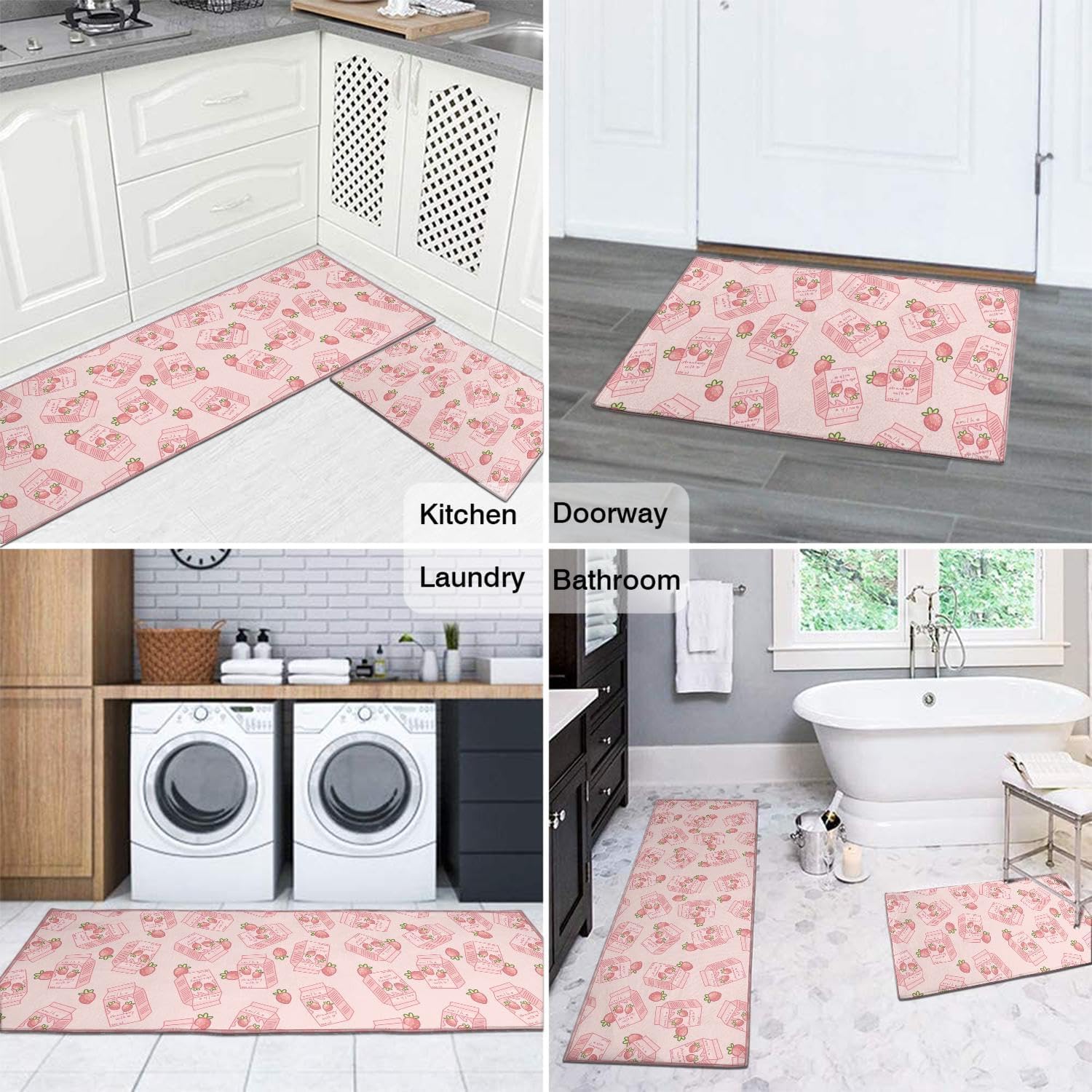 Brilbcu Juego de 2 tapetes de cocina con diseño de vaca de fresa rosa, alfombras decorativas para cocina, de bajo perfil, de vaca, fresa, decoración