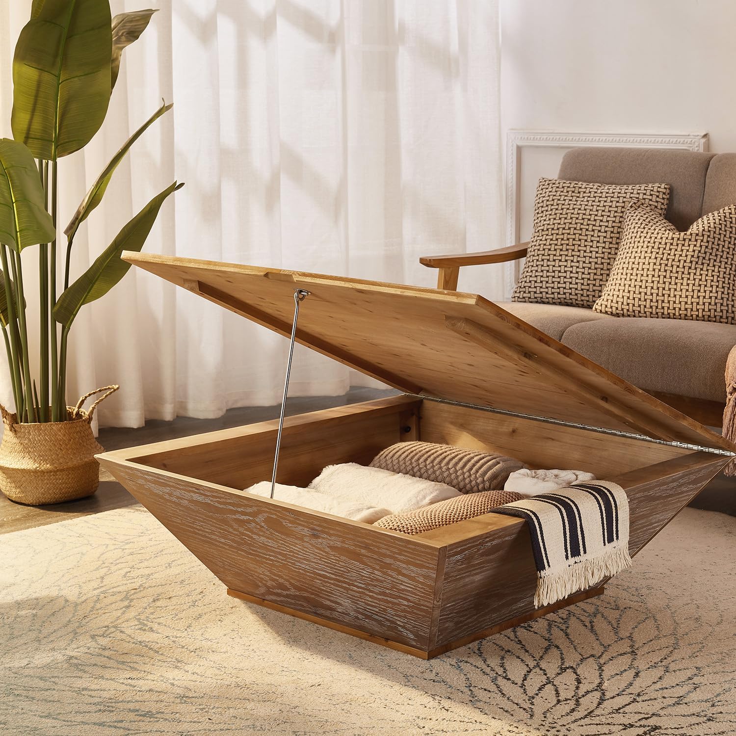 Mesas de centro cuadradas grandes para sala de estar con almacenamiento, diseño de concha cónica de madera maciza con varillas de soporte, fáciles