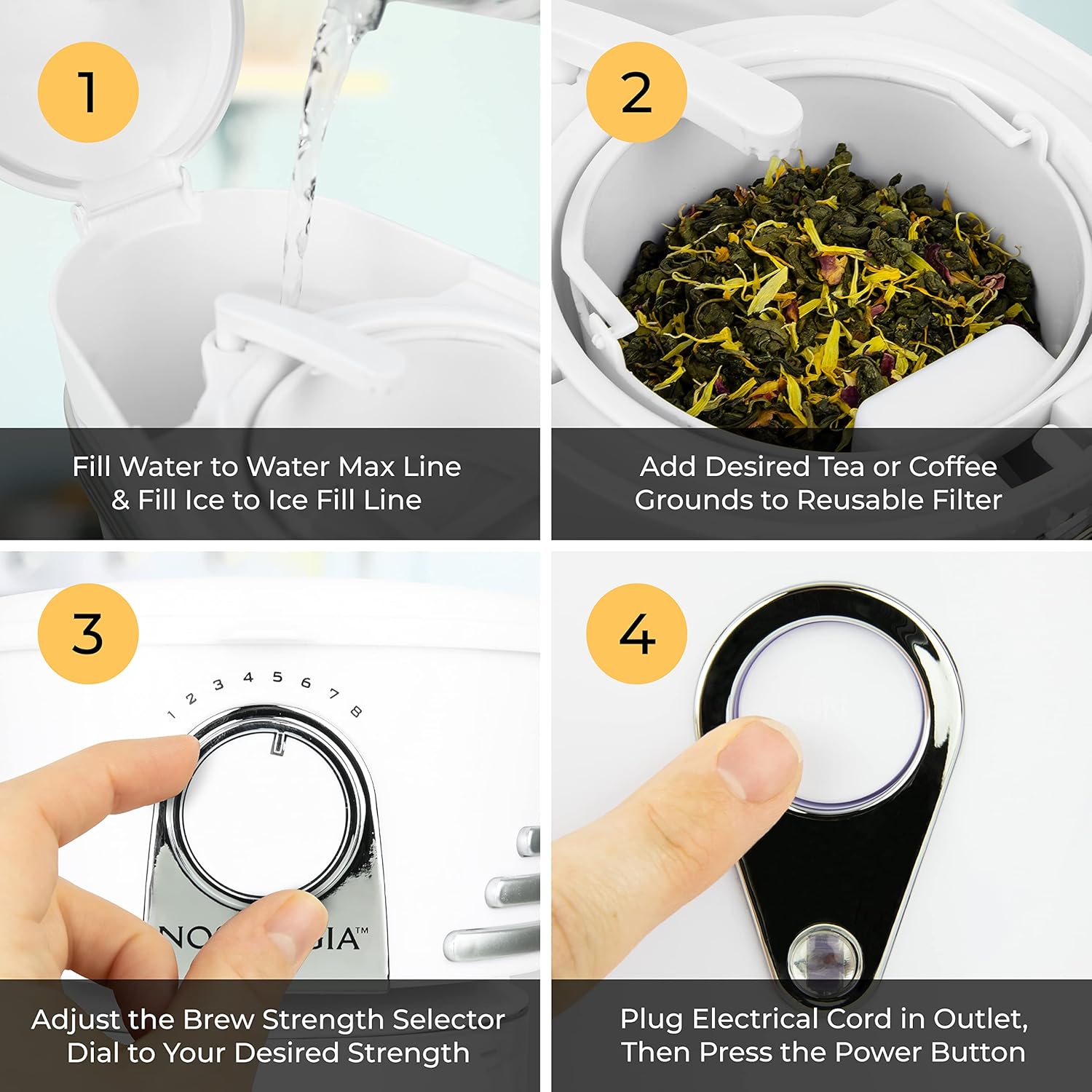Nostalgia Sistema de preparación de té helado y café de 3 cuartos con jarra de doble aislamiento, selector de fuerza y cámara infusora, también