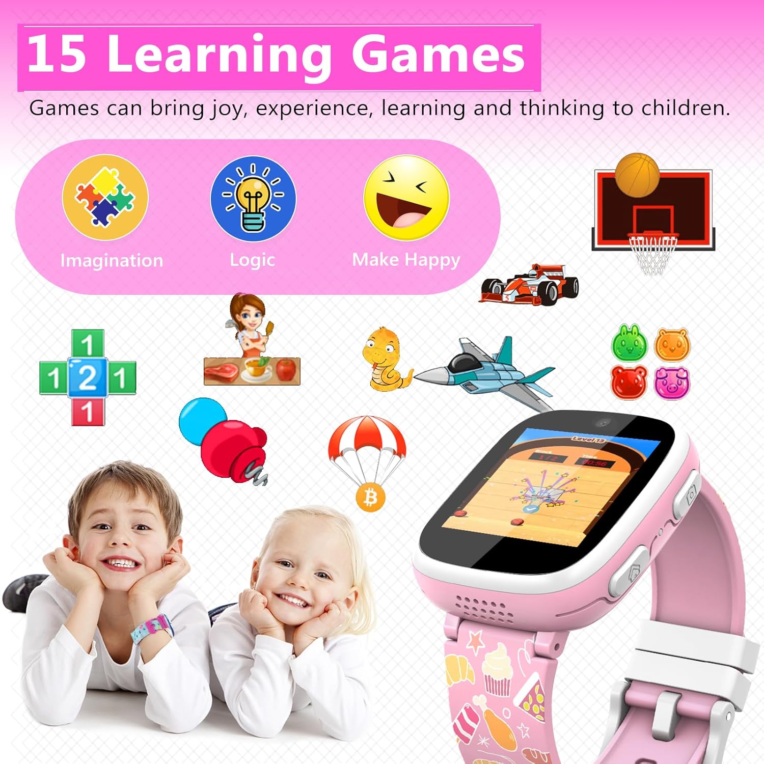 Reloj inteligente para niños, relojes para niños con 15 juegos, 2 cámaras, video, rastreador de hábitos, contador de pasos, 10 historias,