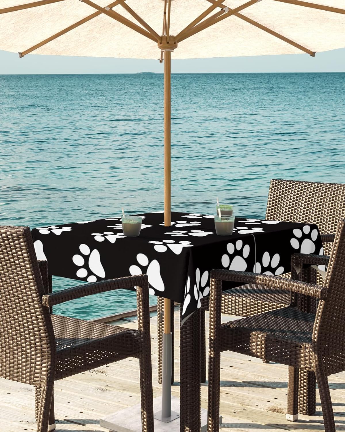 Mantel para exteriores con agujero para paraguas, estampado de patas de perro, mesas cuadradas en blanco y negro, colección de mesa impermeable para