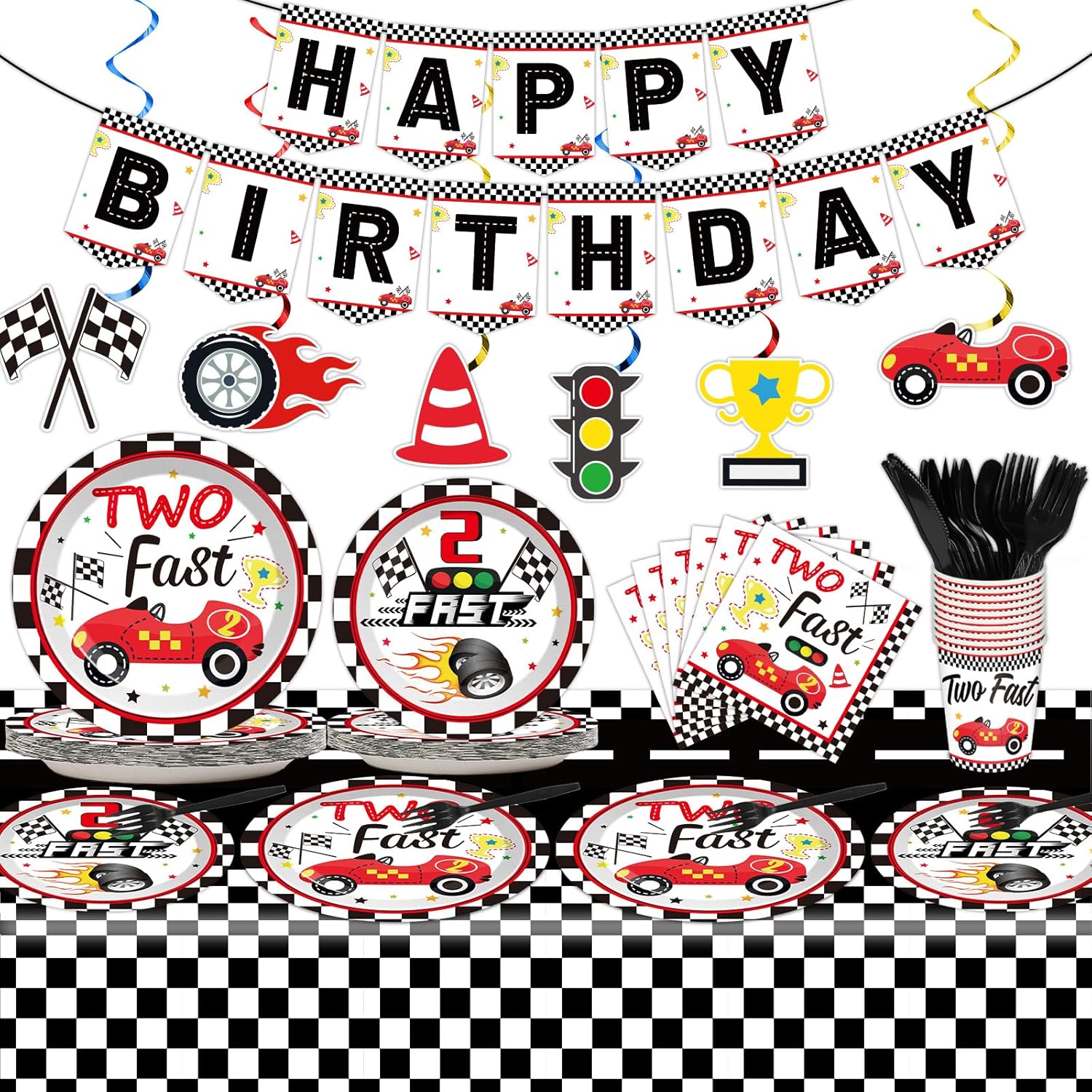 Juego de 184 piezas de suministros para fiesta de cumpleaños rápido, incluye platos de coche de carreras, servilletas, mantel, pancarta, kit de