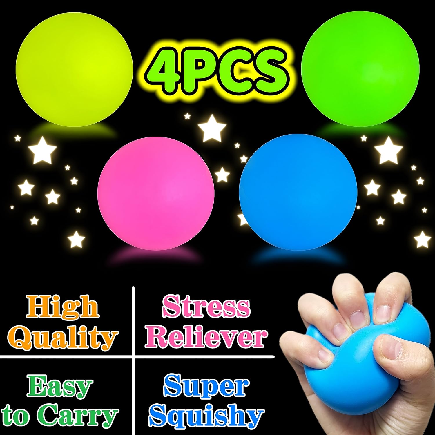 4 bolas de estrés que brillan en la oscuridad para niños, adolescentes y adultos, bolas adhesivas de 2.4 pulgadas, juguetes blandos para recuerdos