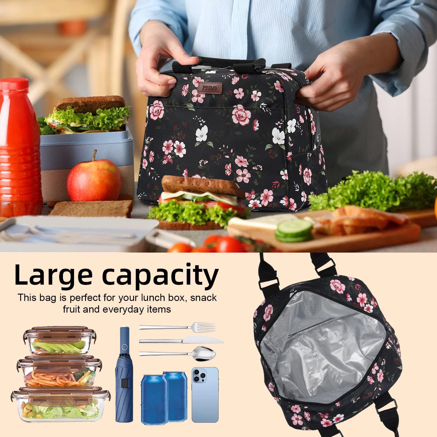 PBRO Lonchera térmica para mujer, bolsa de almuerzo reutilizable de apertura amplia con cinturón de hombro ajustable, bonita lonchera portátil con