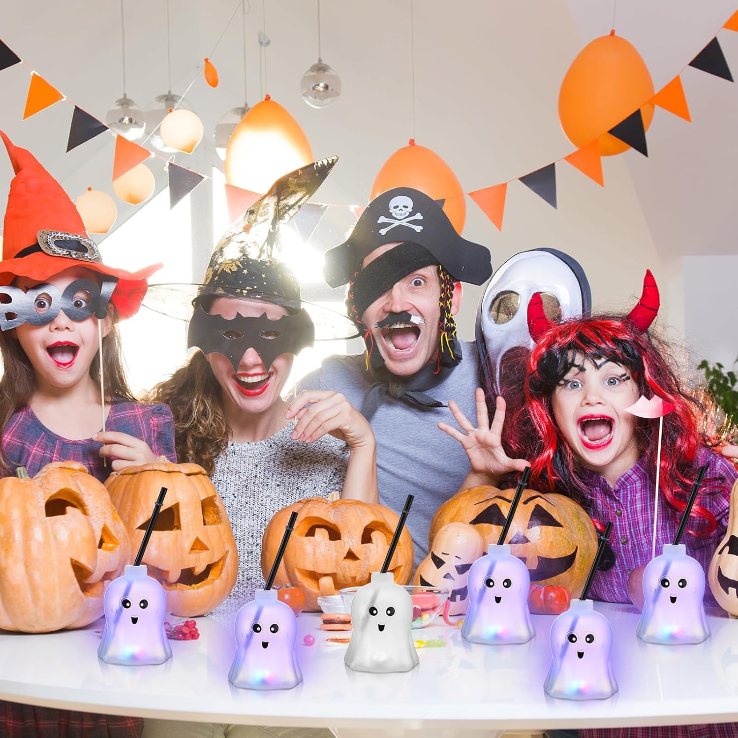 Zubebe 6 tazas con forma de fantasma de Halloween que brillan en la oscuridad con tapa de pajilla, 3 modos de luz coloridos, reutilizables,