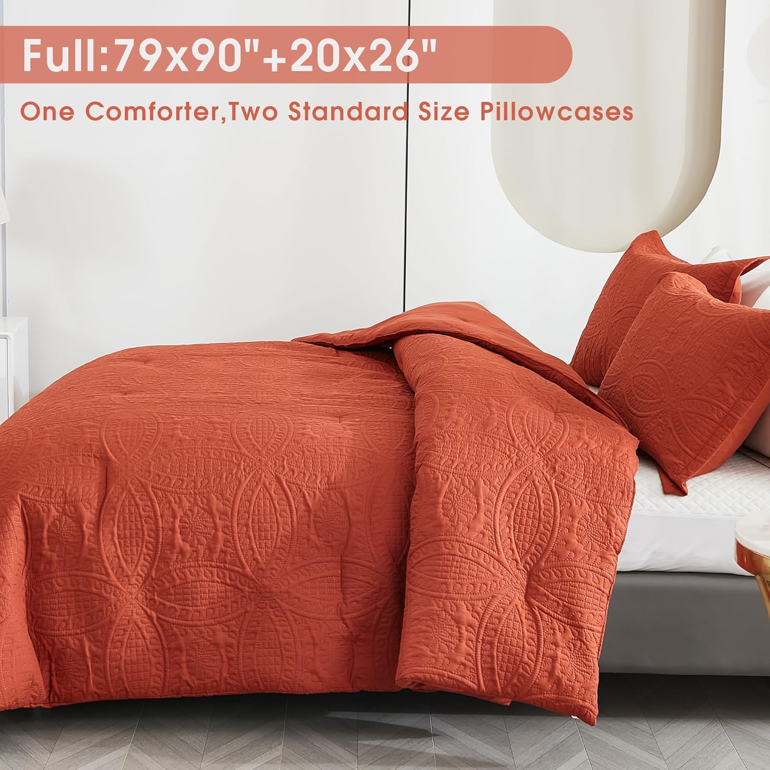 YOZEN Juego de edredón de tamaño matrimonial, color naranja quemado, juego de ropa de cama bohemio de medallón de terracota sólido de 3 piezas,