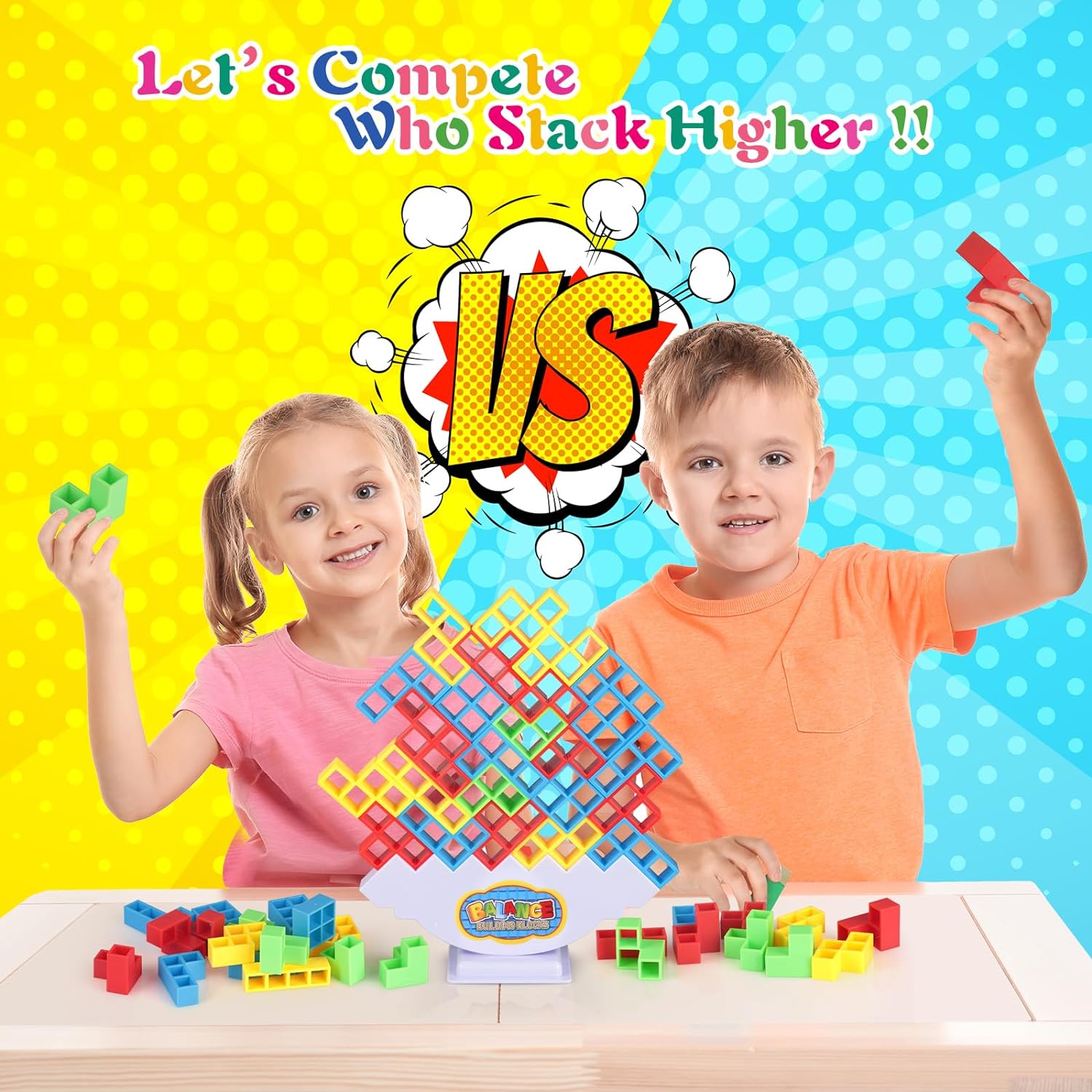 Juego de 64 piezas de Tetra Tower, tablero familiar de ataque pila para 2 jugadores, juegos familiares, bloques de construcción, juegos de