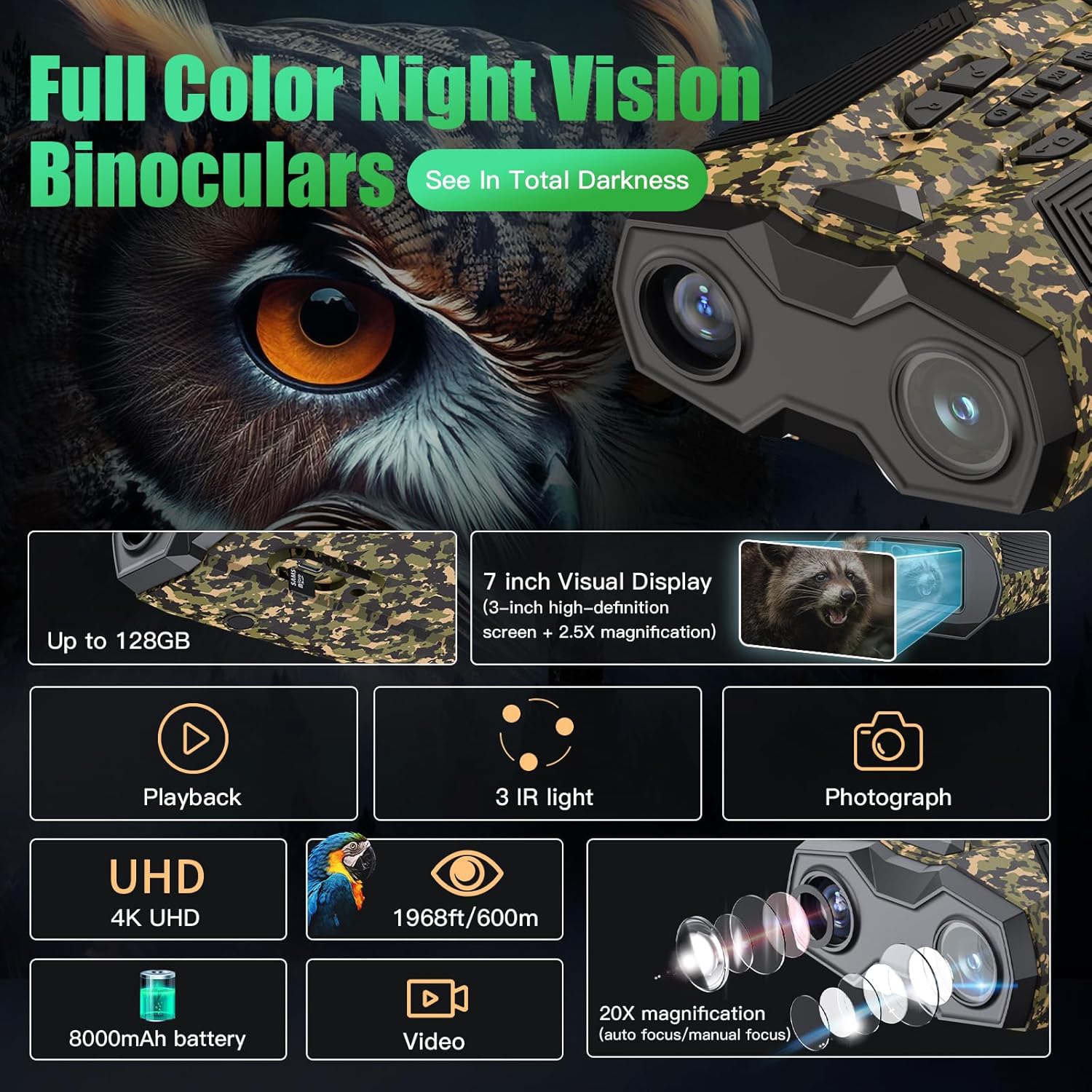 Gafas de visión nocturna de enfoque automático, prismáticos infrarrojos 4K con rango de 1968 pies, zoom automático 20X, pantalla HD de 3 pulgadas,