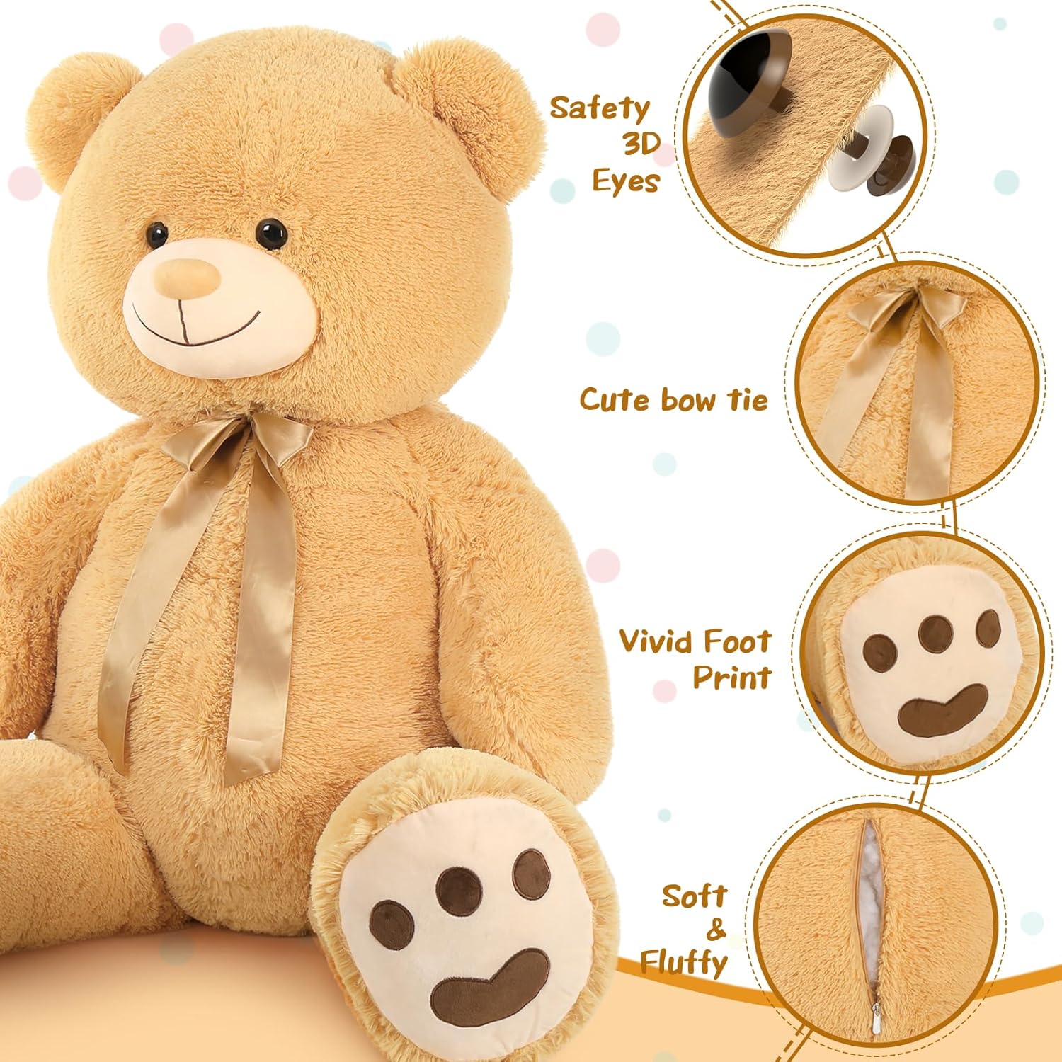 Tezituor Oso de peluche gigante de 5 pies de alto, gran oso de peluche marrón claro, gran oso de peluche de tamaño real, regalo en cumpleaños, día