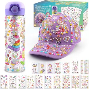 Regalos de manualidades para niñas y niños de 6 a 12 años, decora tu propia botella de agua de 17 onzas, gorra de béisbol con 17 hojas de gemas de Regalos de manualidades para niñas y niños de 6 a 12 años, decora tu propia botella de agua de 17 onzas, gorra de béisbol con 17 hojas de gemas de